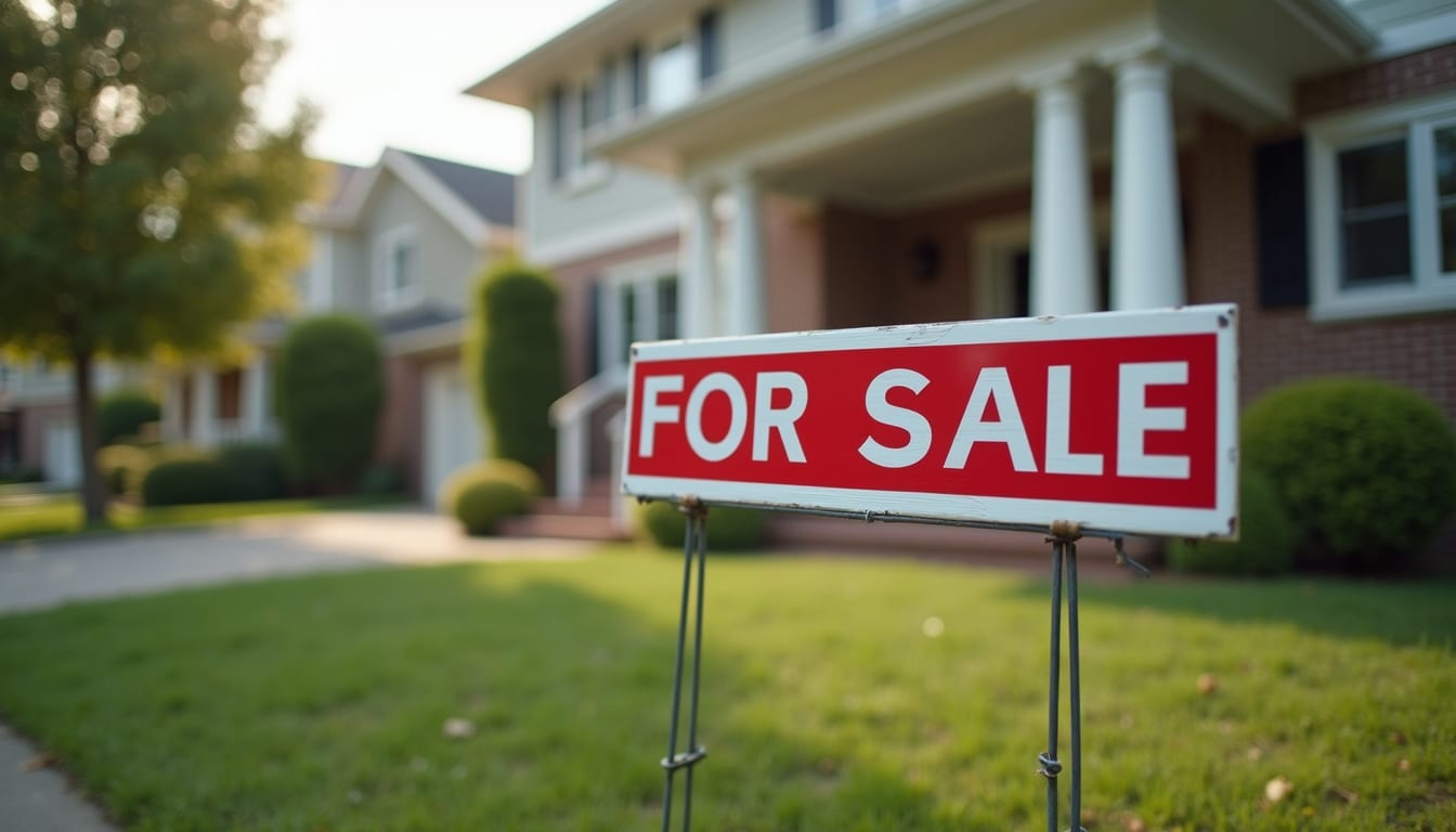 Close-up view of a “For Sale” sign in front of a house