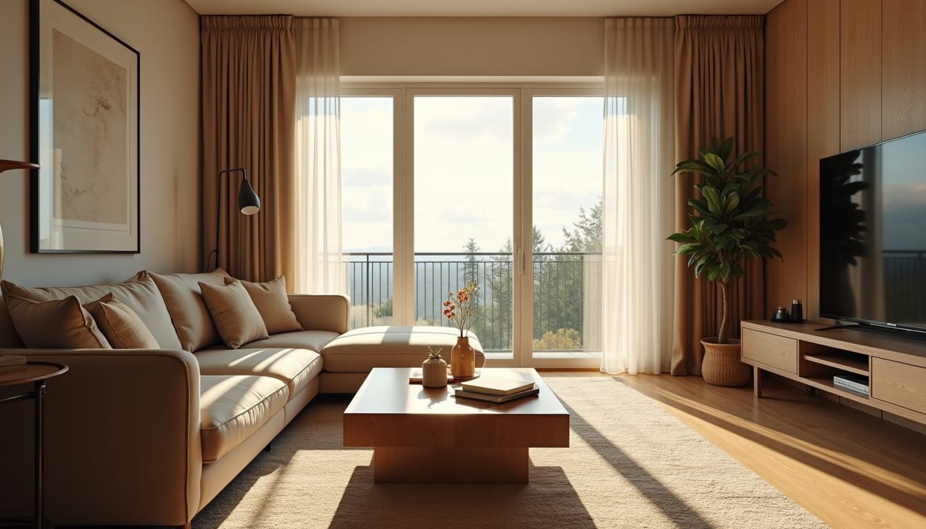 Eye-level view of a cozy living room with natural light