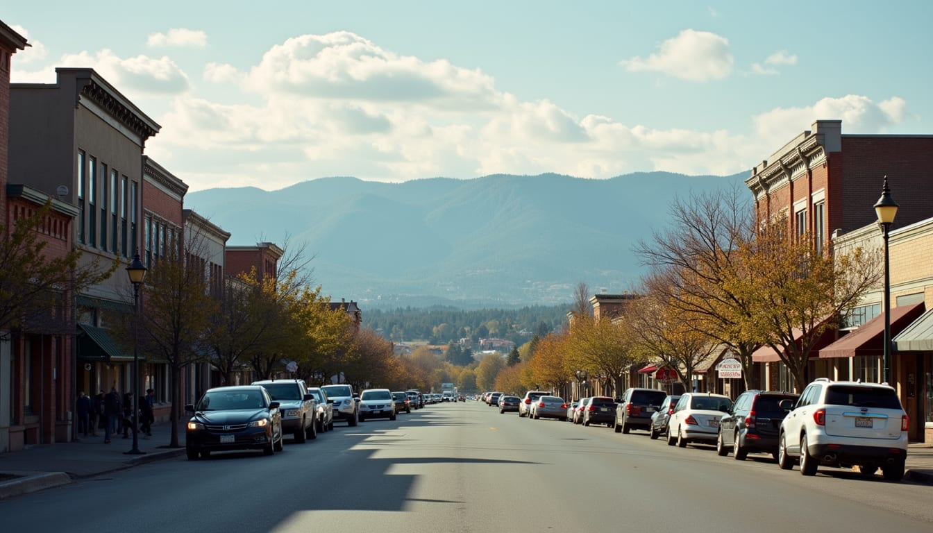 Wide angle view of downtown Medford with mountains in the background