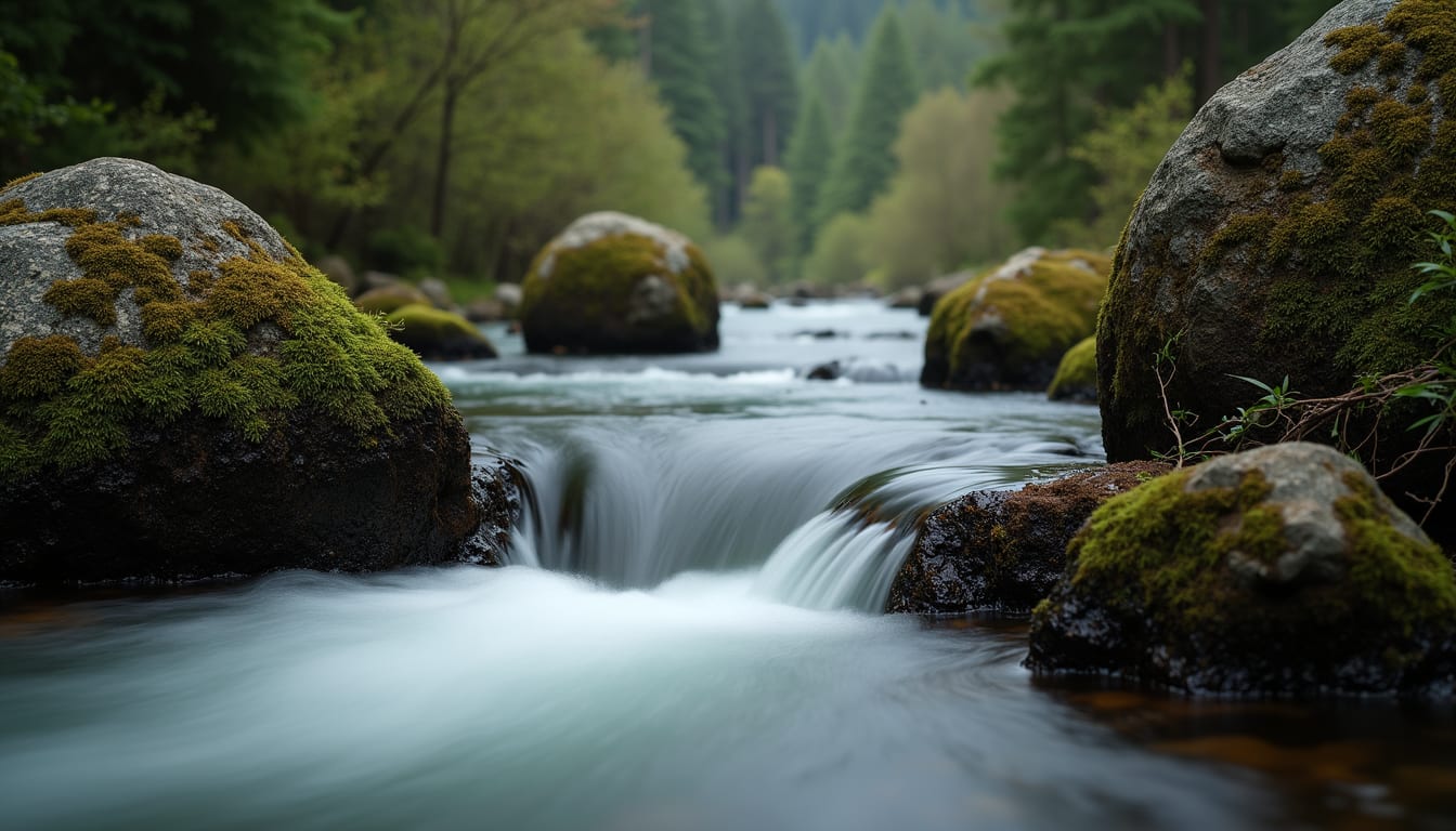 Close-up view of Rogue River flowing through forested area