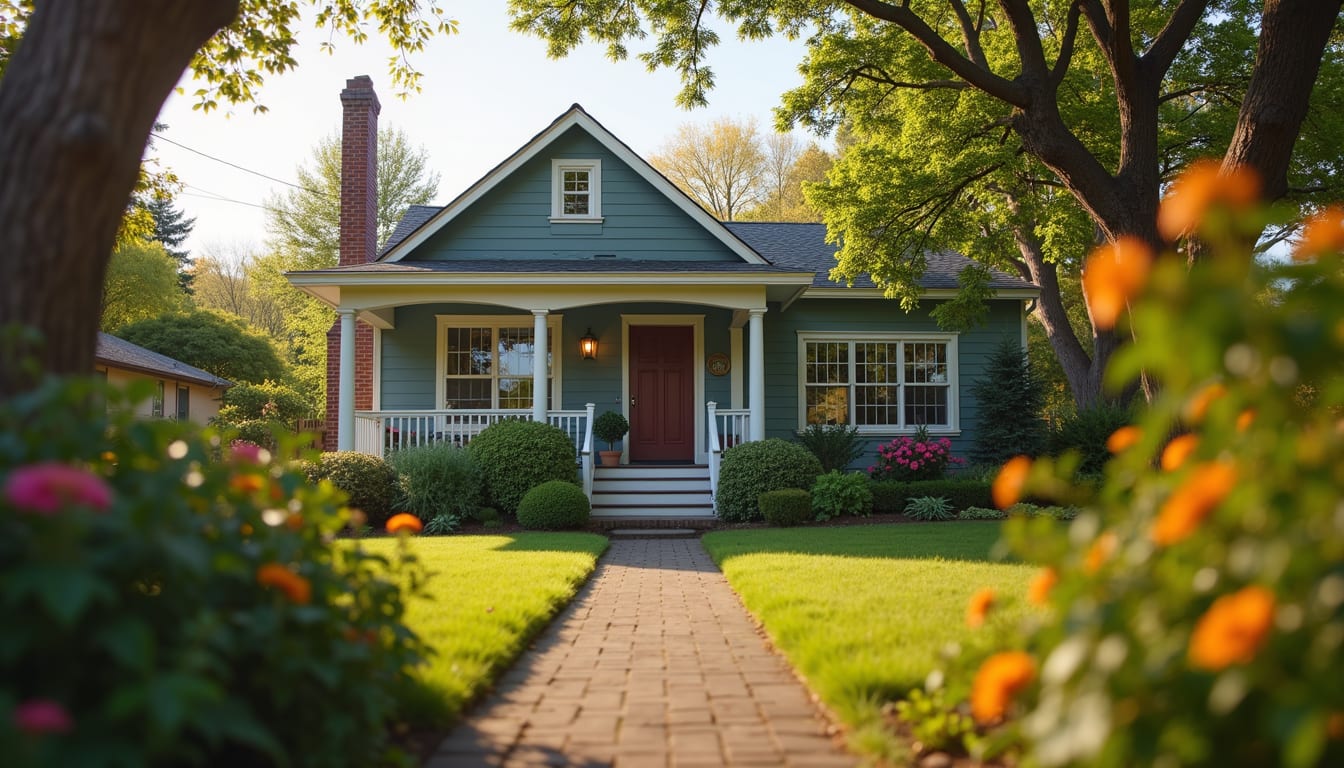 Eye-level view of cozy home with garden in Southern Oregon neighborhood