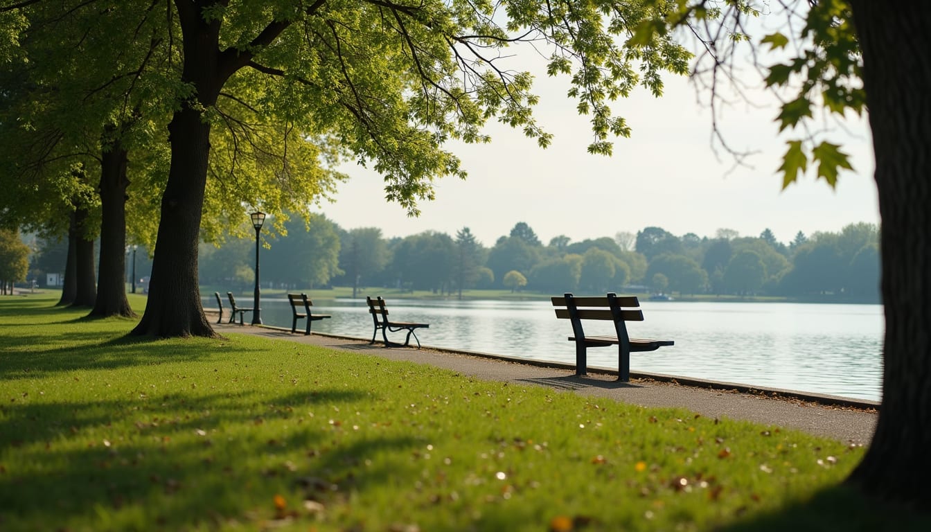 Eye-level view of a peaceful lakeside park with benches and trees