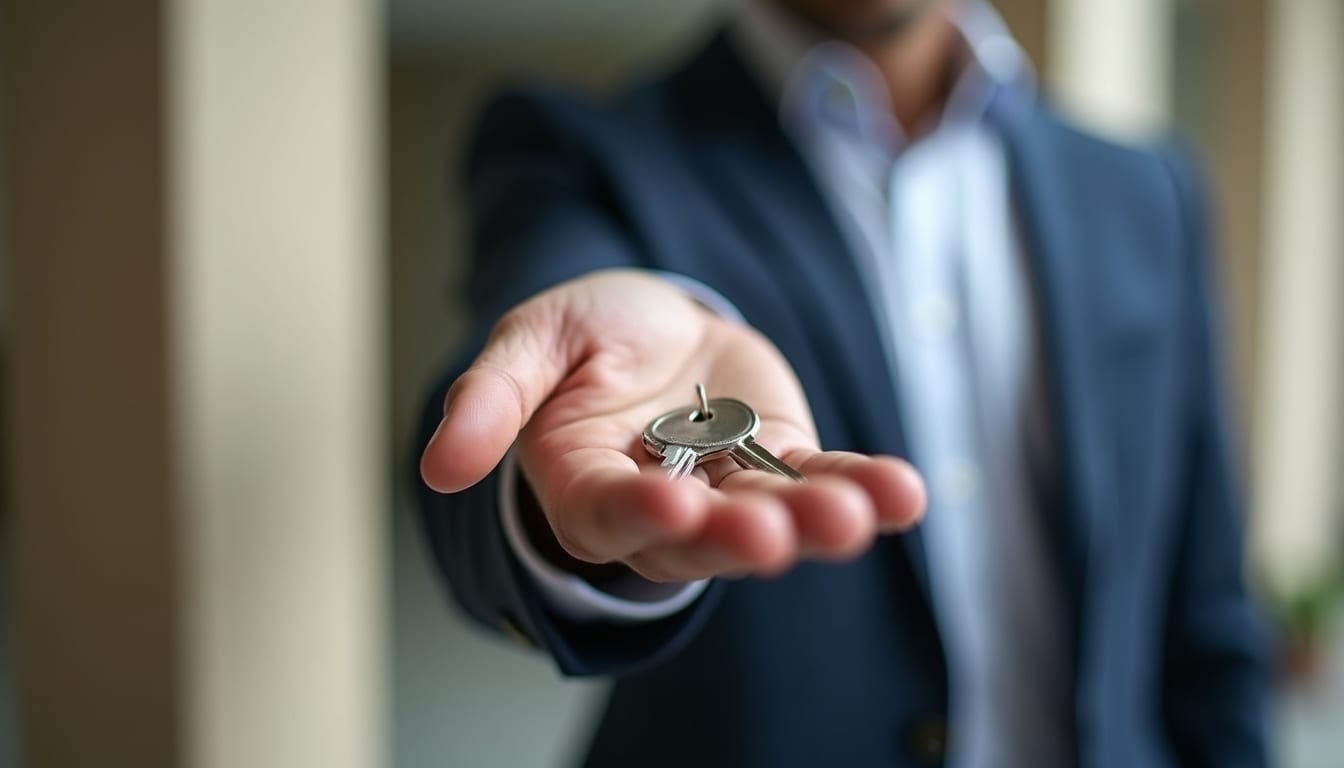 Close-up view of a real estate agent handing over house keys