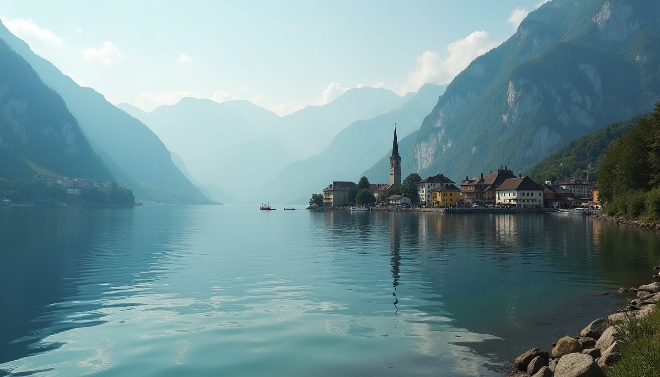 Eye-level view of a peaceful lakeside town with mountains in the background