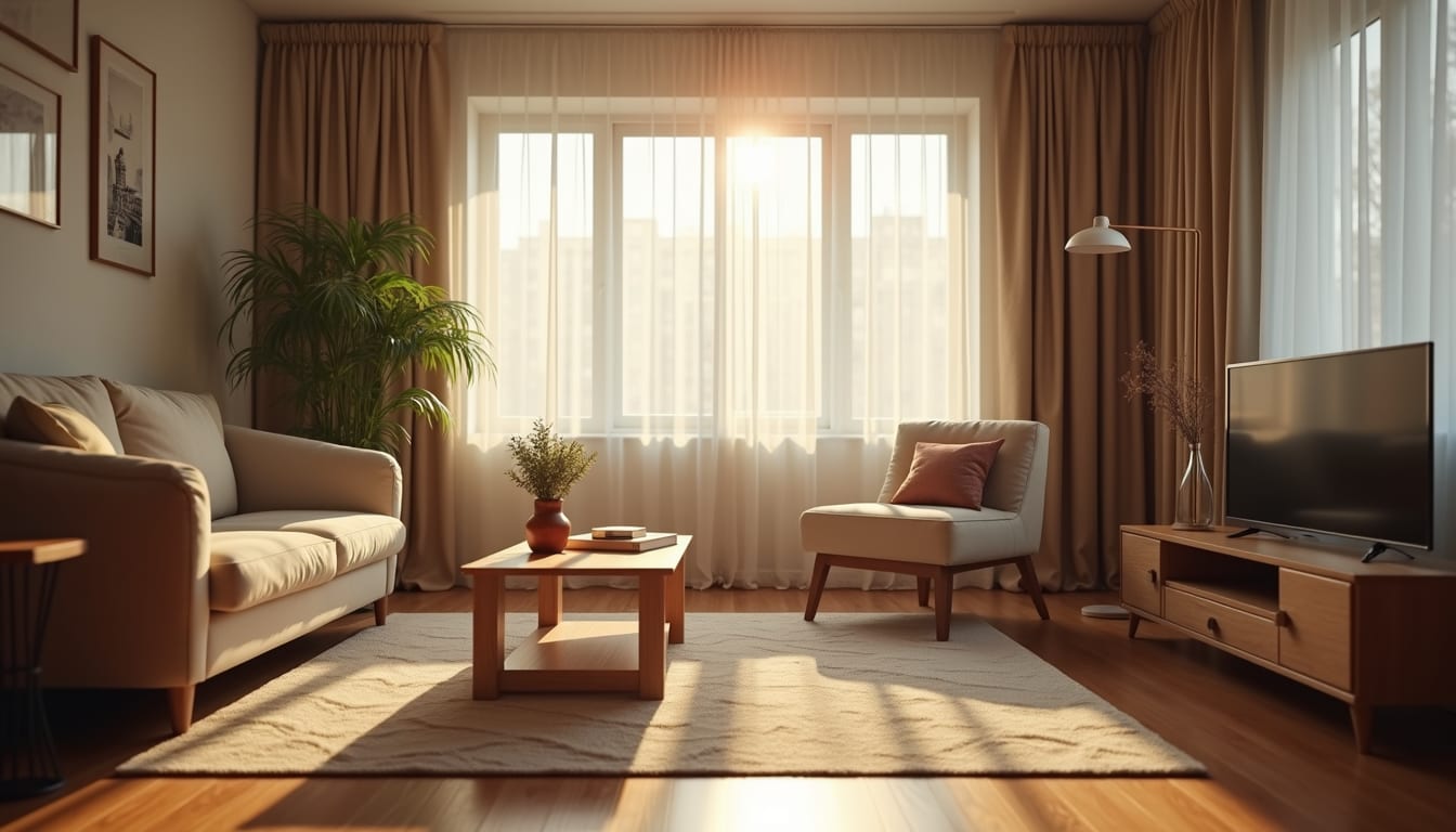 Eye-level view of a cozy living room with natural light