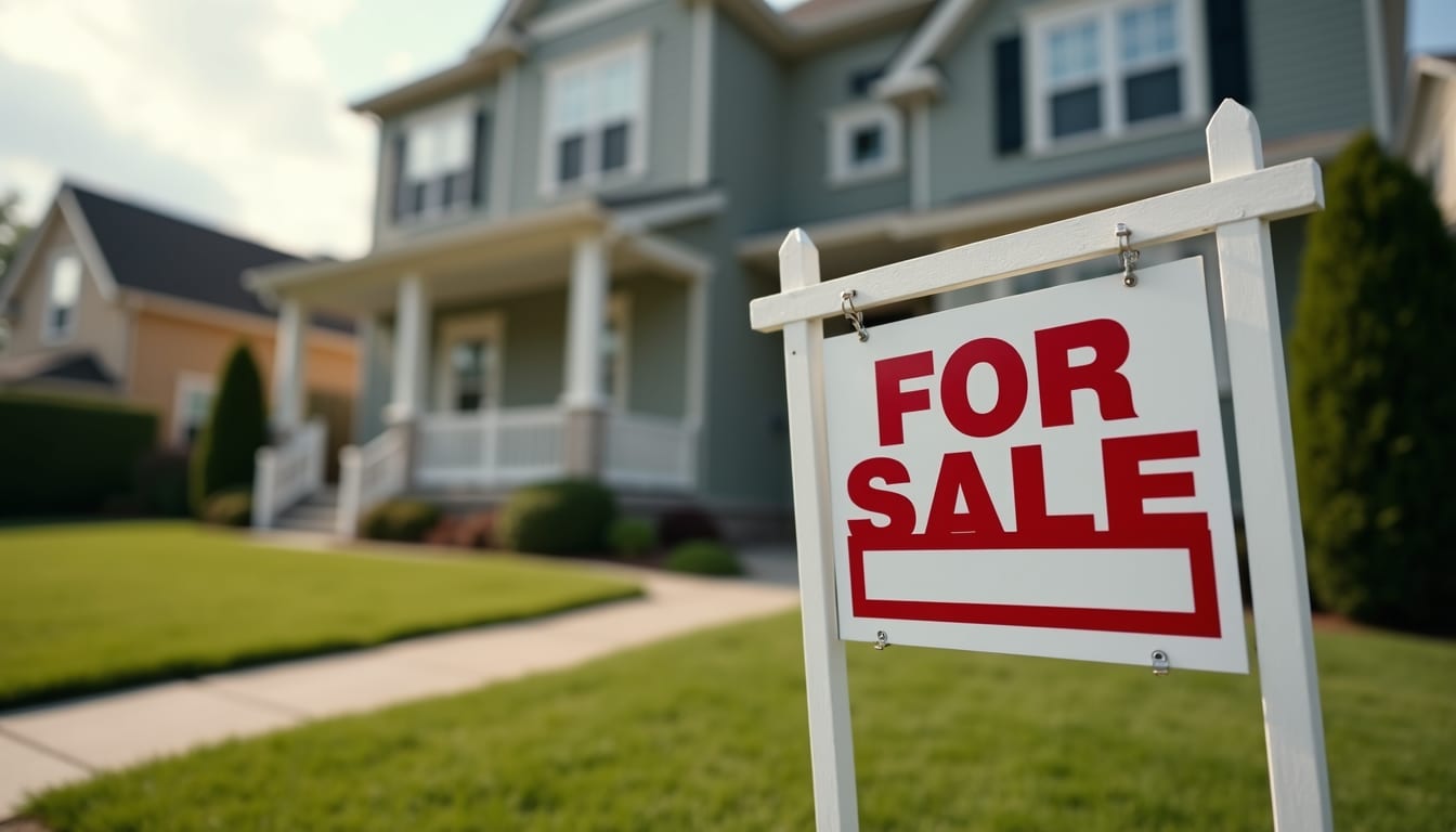 Close-up view of a “For Sale” sign in front of a house