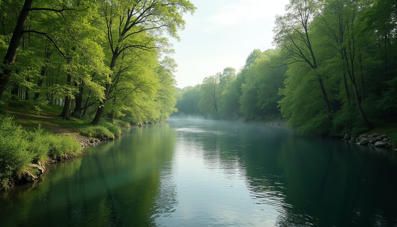 Wide angle view of a peaceful river surrounded by green trees