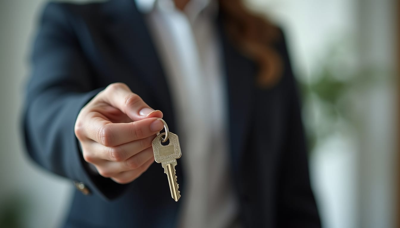 Close-up view of a real estate agent showing a house key to a client