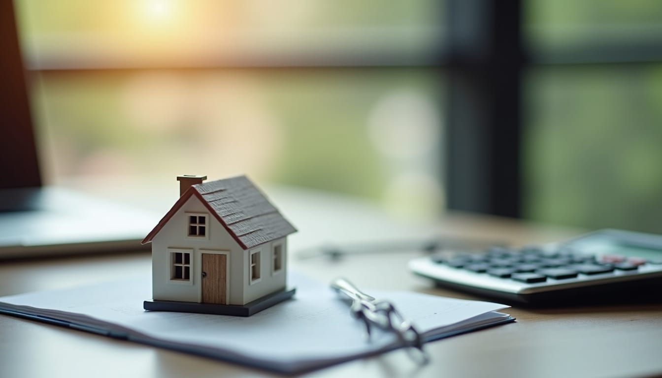 High angle view of a calculator and house model on a desk