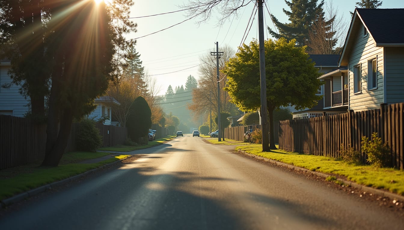 Eye-level view of a charming Southern Oregon neighborhood with houses and trees