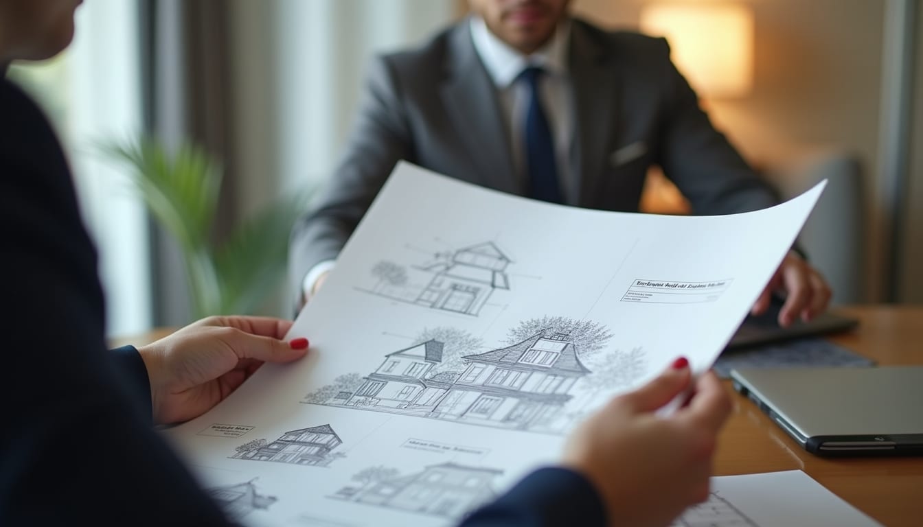 Close-up view of a real estate agent showing a house plan to a client