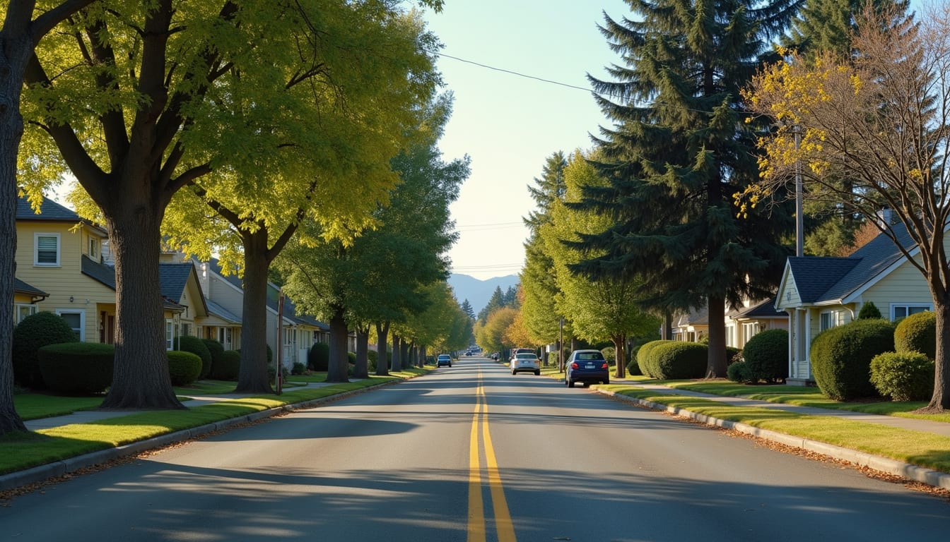 Wide angle view of a quiet Central Point neighborhood street lined with trees and houses