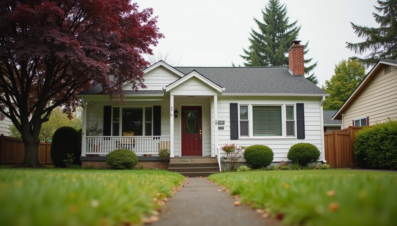 Eye-level view of a charming single-family home with a spacious front yard in Central Point