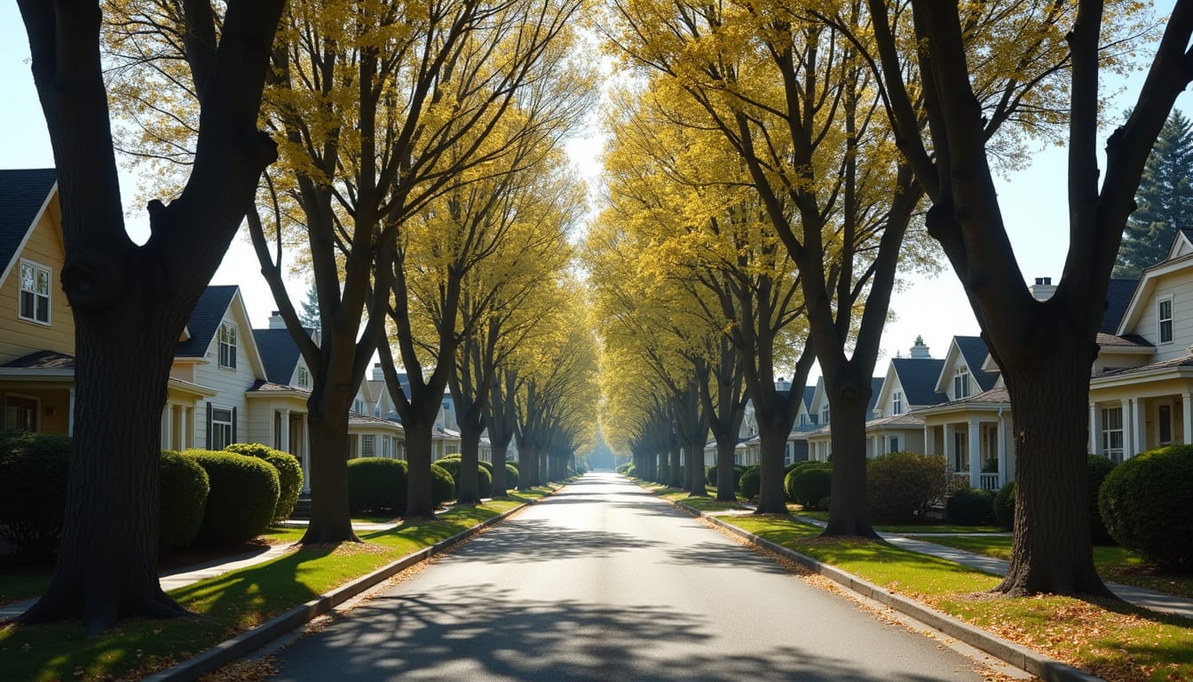 Wide angle view of a quiet residential street lined with trees and houses in Central Point