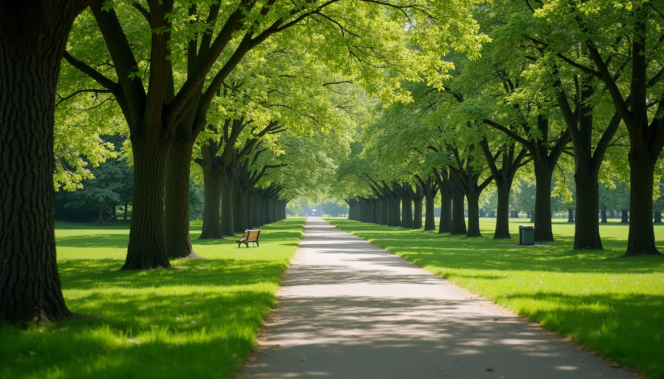 Wide angle view of a local park with walking trails and green trees