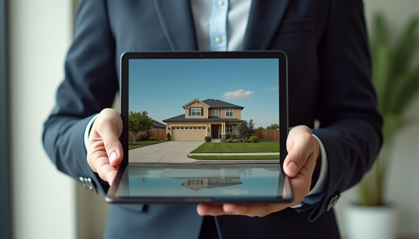 Close-up view of a real estate agent showing a home listing on a tablet